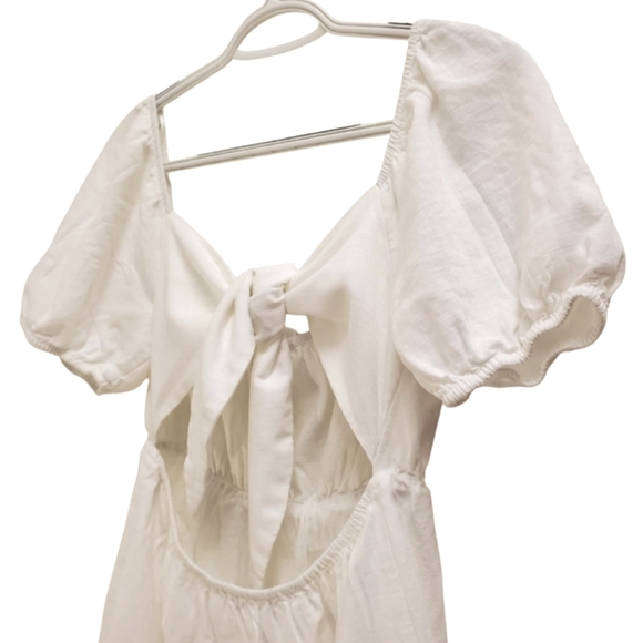 White Mini Dress Tie Back Puff Sleeve Ruffle Hem Summer Dress - Picture 5 of 10